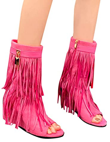 Dasongff Bottes d'été Talon Compensé Femme Bout Ouvert Sandale à Glands Ete Wedge Sandales Bottes Indiennes Beige Frange Nu Pieds Compensees Botte mi-Mollet Santiags Western Bottes de Cowboy