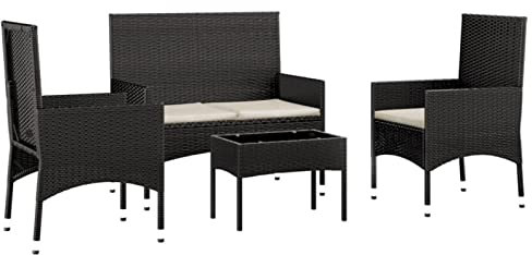 Tidyard 4-TLG.Garten-Lounge-Set mit Kissen, Gartenlounge,Balkon Möbel,Terrassenmöbel,Lounge Gartenmöbel Set,Outdoor-Loungemöbel 2 x Stuhl,1 x 2-Sitzer-Bank,1 x Couchtisch Schwarz Poly Rattan