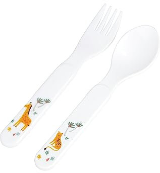 Bébé Douceur, Set de 2 Couverts Plastique Décorés Cuillere + Fourchette Savane