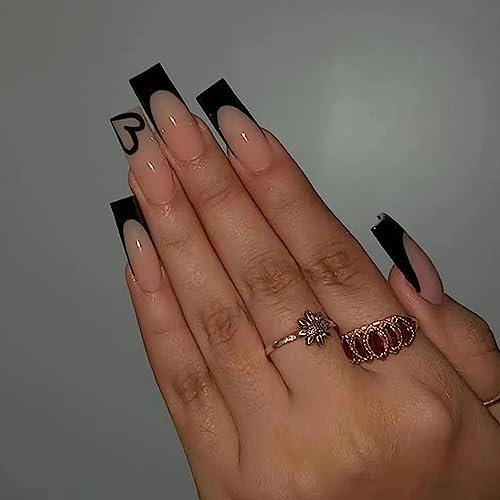TMUT 24pcs French False Nails Black Tip Stick on Nails Square Press on Nails Removable Glue-on Nails Full Cover Fake Nails Women Girls Nail Art Accessories, Variety Pack