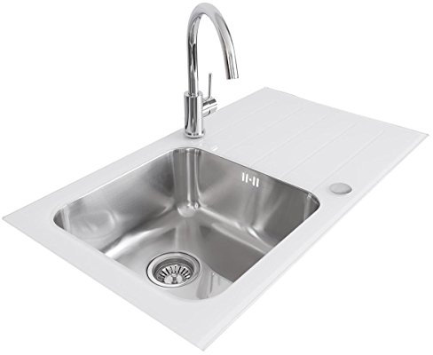 Aquariss 1.0 Single Bowl White Glass Inset Kitchen Sink Stainless Steel Reverisble 860 x 500mm