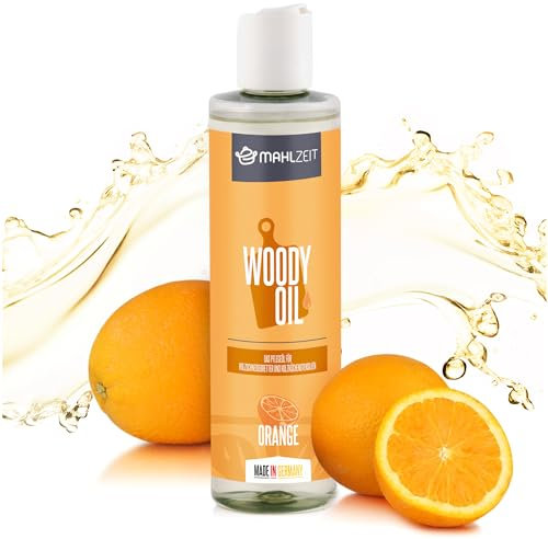 Mahlzeit WOODY OIL Holzpflege, Öl für Schneidebretter und Holzküchenutensilien | 250 ml, Orangenduft | 100% natürlich | Holzöl für Holzschneidebretter Arbeitsplatten Küche, Arbeitsplattenöl