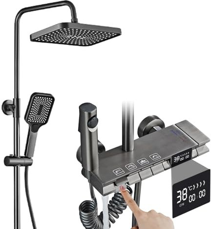 Duschsystem Thermostat, 4 Funktion Duschset mit Messing Mischbatterie, Wandmontiert Duschgarnitur, 3 Modus Handbrause, 32cm Regendusche, Badewannenarmatur, Bidet Sprayer, Verstellbar Duschsäule