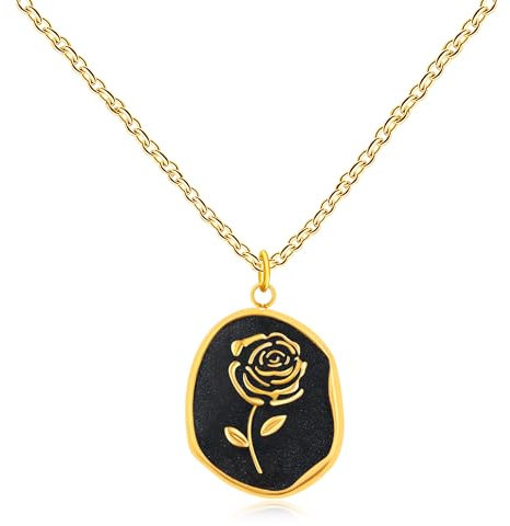 Tobestu Rose Black Enamel Pendant Necklace in Stainless Steel - A Unique Minimalist Gift for Her YA4317