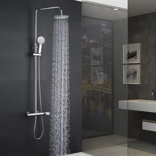 IMEX - Columna Ducha Monomando con Grifo | Kit de Ducha con Alcachofa y Rociador Antical | Griferia en Latón y Acero Inox S.304 con Barra Extensible | Serie Nassau | Color Cromado