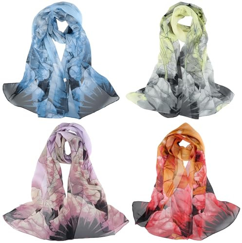Husalsea Lot de 4 Foulards Femme, Echarpes Femme Chiffon avec Imprimé de Lotus, Foulard en Doux, Foulard Élégant, Taille 150 x 50 cm (Bleu foncé, Jaune clair, Violet clair, Rouge)