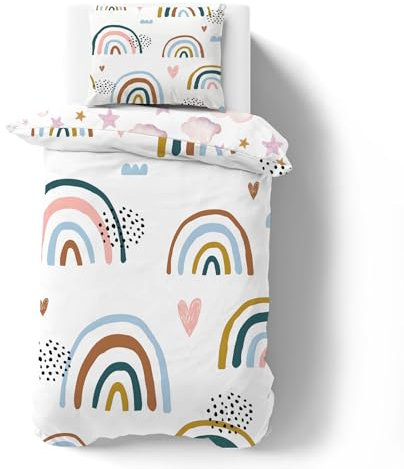 phonxia Parure de lit 90x190 Enfant Garçons et Filles Housse de Couette 1 Personne Arc en Ciel Coloré Coeur d'amour Rose Ensemble de lit et Taie d’Oreiller