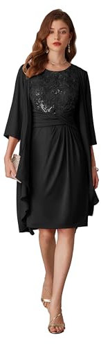 GRACE KARIN 2-teiliger Damen Brautmutterkleider für Hochzeit Glitzer Kleid + 3/4-Ärmel Überwurf Hochzeit Outfit Gast Frau Schwarz