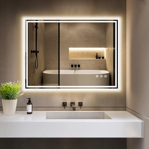 GIMBELEN Miroir de Salle de Bain avec éclairage 80x60 cm, Miroir LED Salle de Bain avec Prise de Courant, 3 Couleurs de lumière réglables, antibuée et Interrupteur Tactile, Verre antidéflagrant,IP44