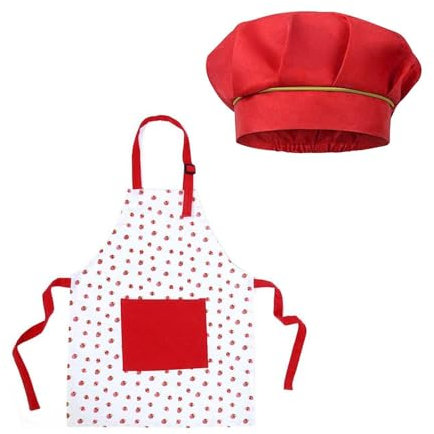SLAXJNE Delantal Infantil Fresa con Gorro Cocinero Infantil, Antimanchas, Halter, con Bolsillos, para Hornear