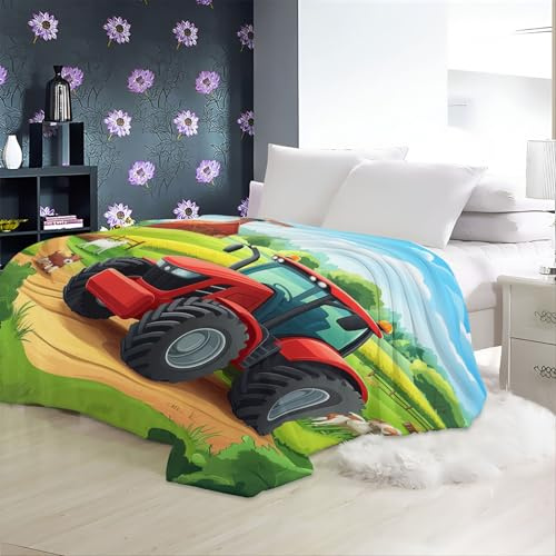 Super Weiche Flanelldecke Bauernhof Landschaft Traktor Wohndecke Weiche Flauschig, Babydecke Warme Kuschelig 150 x 200 cm Sofadecke für Mädchen Junge Grün