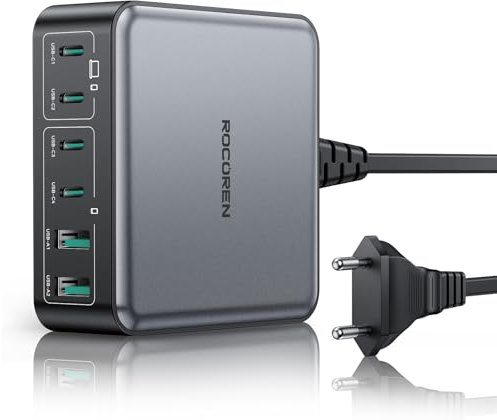 Rocoren 270W Cargador USB C, Estación de Carga GAN 6 Puertos, PD QC PPS Carga Rápida, 100W Portátil Adaptador Cargador Compatible con MacBook Air/Pro, iPhone 16/15/14, iPad, Samsung Galaxy, Huawei