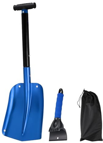 sourcing map Snow Shovel 3-in-1 Aluminum Snow Shovel Ice Scrapper Emergency Snow Removal Kits with storage bag for Car Camping Gardening, Blue