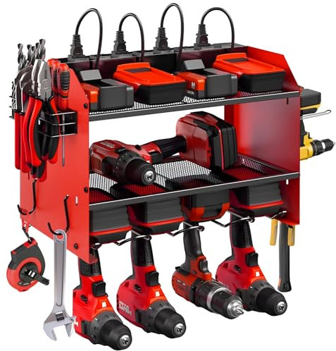 Power Tool Organizer with Charging Station, 3-Layer Storage Rack with Screwdriver Rack, 6 Drill Holders, 8 Outlets Max Load 100 lbs, for