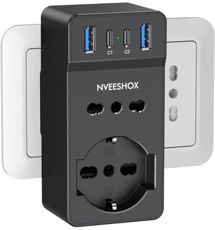 NVEESHOX Multipresa con 1 Schuko + 1 Presa IT, 6 in 1 Presa Multipla Salvaspazio con USB C PD 20W, 4000W Presa Muro con Spina 16A, Ciabatta Multipresa per Ufficio Casa