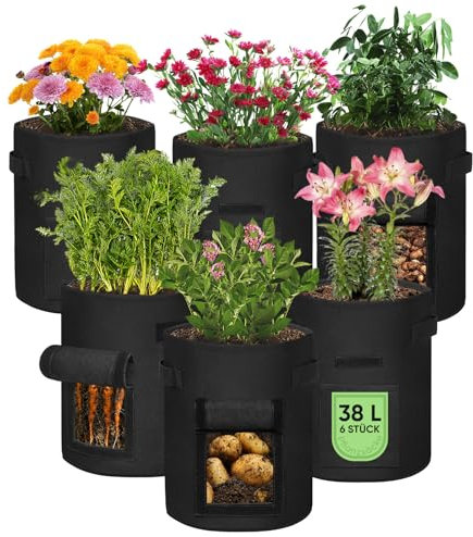 arvioo Pflanzsack 6 Stk 38 L, Stofftopf für Transport Wachstum & Schutz, mit Sichtfenster & Tragegriffen, Verhindert Staunässe für Wurzelwachstum, Kartoffel Pflanzsack für Garten Gewächshaus (Schwarz)