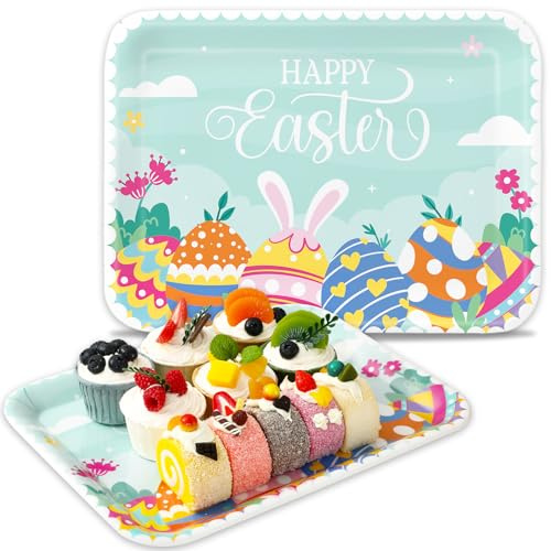 FYSUIMU 2Pcs Happy Easter Serving Tray Colorful Egg Bunny Melamine Charcuterie Board Floral Cheese Appetizer Board Snack Serving Platter for Home Spring Party Food Supplies