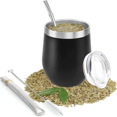 Doppelwandige, hitzebeständige Mate-Teetasse aus Edelstahl mit BPA-freiem Deckel, Schwarz, Zwei Strohhalmen und Reinigungsbürste