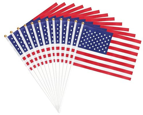 12Pcs American USA Flag on Sticks, 5.5x8 inch Hand Held America Mini Flags for 4th July Veterans Day Memorial Day Independence Day Decorations