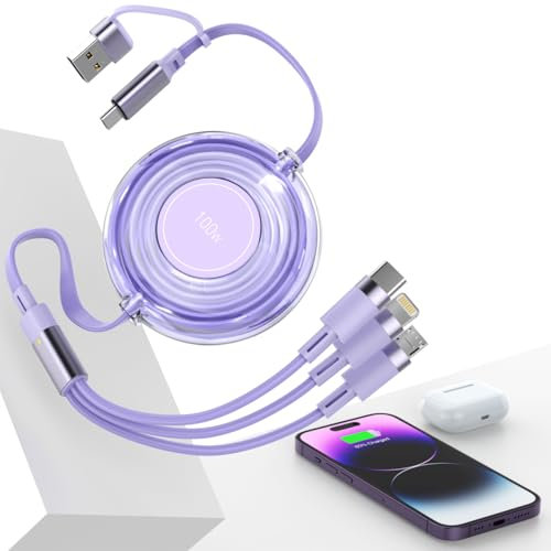 Retractable USB C Multi 5-in-1 USB A/Type C to Lightning/Type C/Micro iPhone Charger Cable,100W Fast Multiple Apple Charging Cord iPhone 15 14 13 12 Pro Max Xs Xr X 8 7 6 Plus SE/Samsung/iPad-Purple