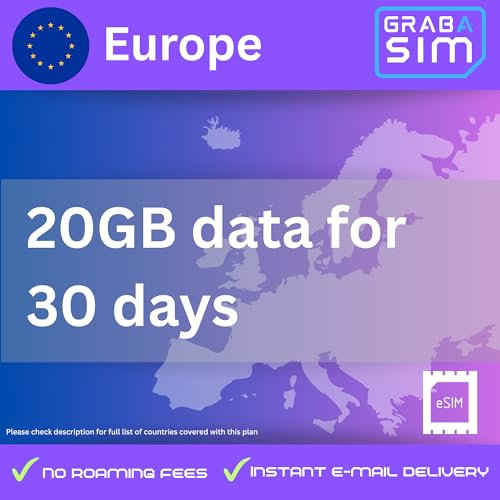 Europe eSIM 20GB 5G Data | 30 Days | 30+ Countries | Instant QR Email | No Roaming | Travel SIM | iPhone Samsung Pixel eSIM Compatible