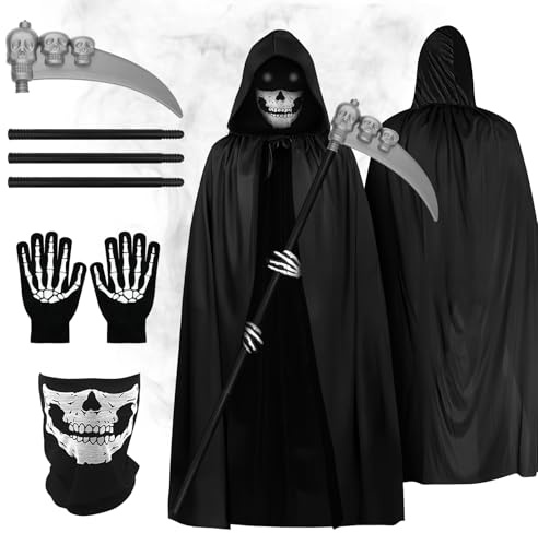 ceotis 5-teiliges Sensenmann Kostüm Komplettset mit Kapuzeumhang, Sense & Skelett-Accessoires - Gruseliges Halloween-Outfit für Verkleidungspartys und Cosplay