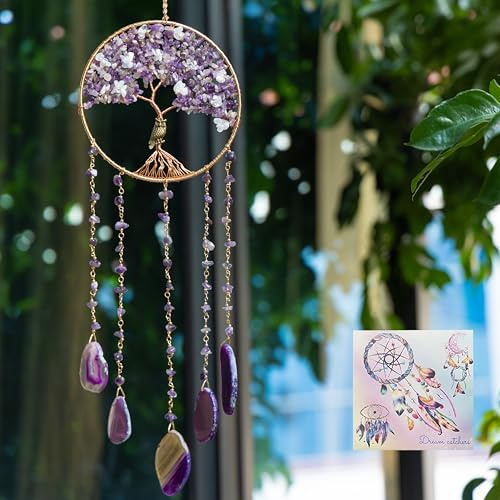 Dreamsum Lila Baum des Lebens Traumfänger mit Achat Anhänger Natürlicher Traumfänger für Tante Wanddekoration Handgefertigter Traumfänger Wandbehang Ornament für Schlafzimmer Wohnzimmer Wohnkultur