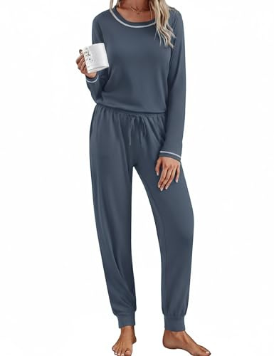 Aseniza Pyjama Femme Hiver Coton Chaud Ensembles de Pyjama Femme Doux Pijama Confortable Long Pantalon Grande Taille Gris XL