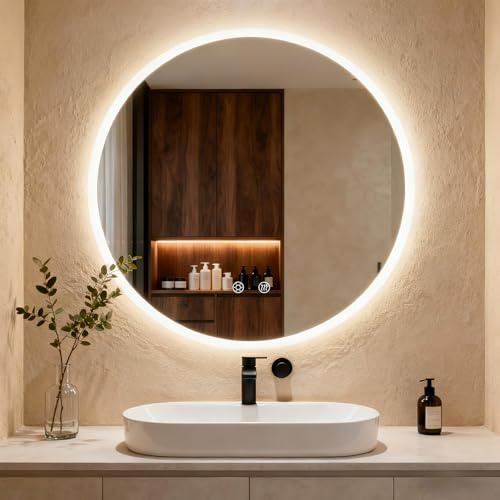 Clevich Badspiegel Rund mit Beleuchtung 80 cm, Beschlagfrei, Dimmbar | Runder Touch-LED-Spiegel aus gehärtetem Glas mit mattiertem Rand, 3 Lichtfarben, Memory-Funktion, einfache Wandmontage