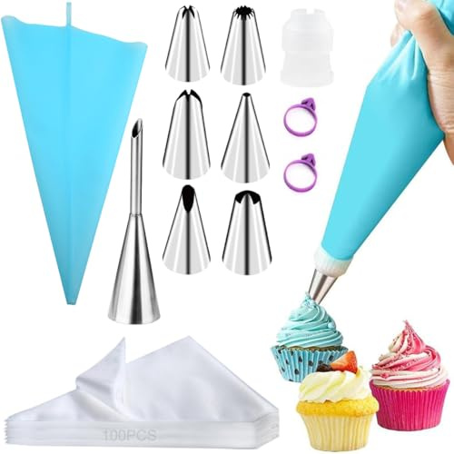 100 Pièces Poches à Douilles Jetables 20 x 30cm + 7 Douilles à Pâtisserie + 1 Poche à Douille EVA + 1 Douille à Gâteau + 2 Élastiques, grand kit de poche à douille pour décorer gâteaux, biscuits