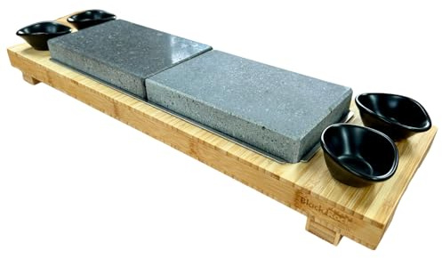 Black Rock Grill Signature Steak on the Stone Sharing Set for 2 | Premium hot stone gift set with 2 Italian lava stones, raised bamboo board & 4 dipping pots for 2-person steak dining.