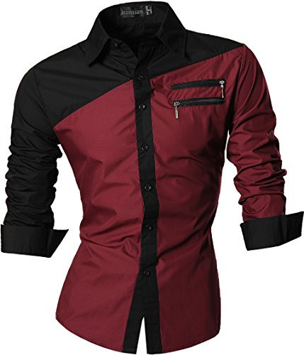 jeansian Hommes Chemises Solid Manches Longues Slim Fit Mode pour Homme Casual Chemises Manches Longues Z015 WineRed XXL