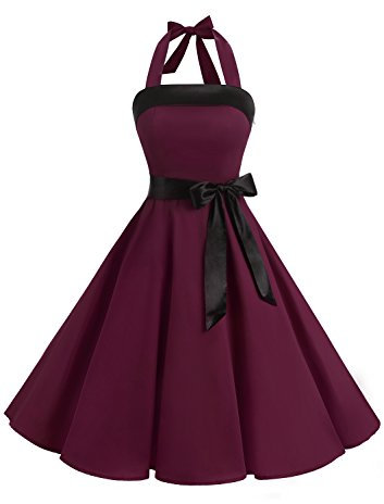 Timormode Sexy Robe Rétro Vintage Femme Année 40 50 60 Robe de Cocktail Rockabilly Décolleté 10212Burgundy S