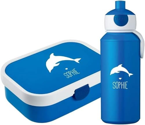 4ou Design Mepal Set Brotdose & Trinkflasche personalisiert mit Namen – Silhouette Delfin blau – Auslaufsicher, Bento Einsatz rausnehmbar, inkl. Snackgabel – BPA frei – Geschenk für Kinder