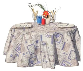 Villages de Provence Runde schmutzabweisende Tischdecke - Faltenbeständig und 100% Polyester - Maulwurf - Ø 160 cm - Dentelle Lavande - 4/6 Besteck - Innen oder Außen - Esstisch, Küche oder Garten