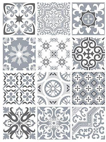 | Carrelage Autocollant | Planche de 12 Stickers Autocollants Adhesifs Carrelage - Carreaux de Ciment - GREYPASTELMONKEY - Dimensions d'un Sticker : 15 x 15 cm - Meubles Cuisine Salle de Bains ...