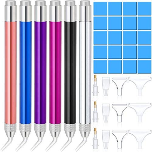 6 Stück LED Diamant Malerei Bohrstift Punkt Bohrstift mit Licht 5D Diamant Malwerkzeug 15 Stück Ersatzstiftköpfe 20 Stück Malerei Kleber Ton fürNagel Kunst DIY Handwerk Dekoration
