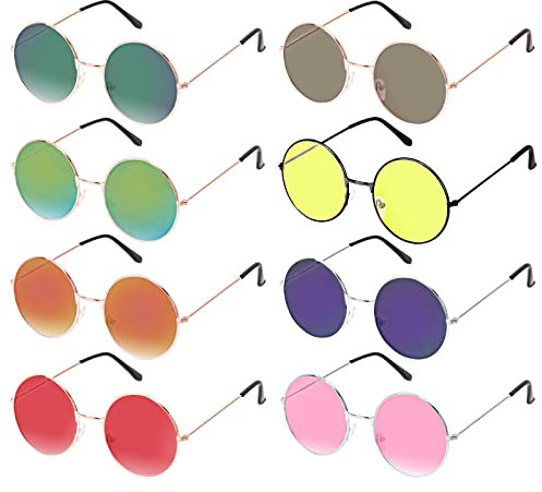 HAKOTOM 8er Hippie Brille Retro Sonnenbrille 60er Jahre Gläser John Lennon Rundbrille Vintage Partybrille Farbige Kostümbrille Kostümzubehör für Karneval Mottopartys Maskerade Herren Damen