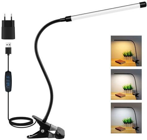 Akynite Luz Escritorio con Pinza y Cable, Adaptador incluido, 3 Colores y 10 Intensidad, 8W Luz de Lectura Cama, Flexible Lámpara Escritorio USB para PC, Negra