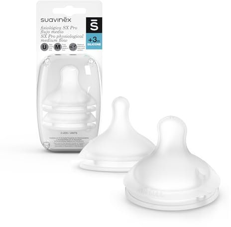 SUAVINEX Lot de 2 tétines physiologiques SX Pro en silicone à flux moyen (M) pour le lait, le jus ou l'eau Tétine +3 mois avec système antitolique Transparent