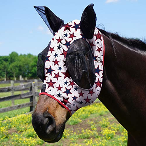 Harrison Howard Super Comfort Stretchy Fly Mask Large Eye Space with UV Protection Soft on Skin with Breathability Roter Blauer Stern (L)
