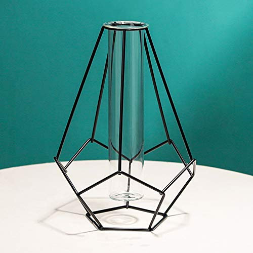 QYLJZB Juego de jarrones de cristal transparente con soporte de metal, diseño geométrico de estilo nórdico, recipientes para plantas de arte de hierro para oficina, hogar, boda, decoración (negro)