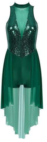 inlzdz Damen Glitzer Pailletten Tanzkleid ärmellos Ballettkleid Rückenfrei Ballettanzug mit Mesh Asymmetrisch Rock Turnanzug Leotard Latein Kleider Type C Grün M