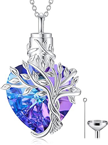 TOUPOP Asche Schmuck für Frauen Sterling Silber Herz Baum des Lebens Urne Halskette für Asche Purpurroter Kristall Urnenkette für Damen Memorial Halskette für Männer Mutter Oma Hund Katze