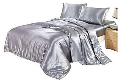 Vuvet Bedding Bettwäscheset aus 100 % reiner Seide, Spannbettlaken, 38,1 cm tief, Seide, Bettlaken, Seide, Bettbezug und Kissenbezüge, 7-teiliges Set, Silbergrau, Queen-Size-Bett