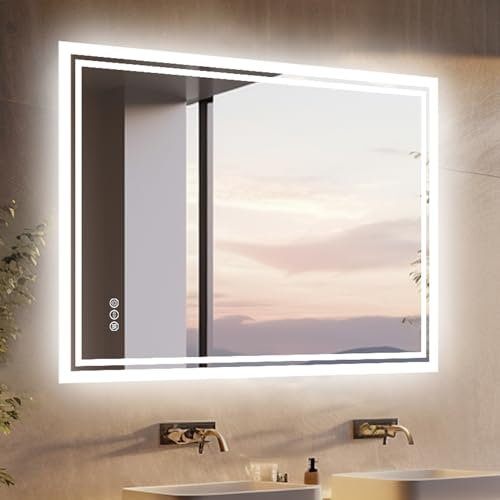 LUVODI LED Badspiegel mit Hintergrundbeleuchtung: 90x70 cm Smart Badezimmer Spiegel mit Touch Lichtschalter Antibeschlag Dimmbar 3000K 4500K 6000K - Vertikal Horizontal Wandspiegel