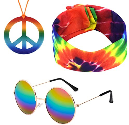 Karjiaja 3 Stücke Hippie Kostüm Set Hippie Accessoires mit 60er Jahre Retro Vintage Brille, Friedenszeichen Halskette Damen und Buntes Hippie Stirnband für 60er 70er 80er Party Verkleiden Zubehörset