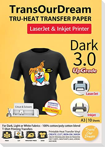 TransOurDream Tru-Transfer Paper Upgraded 3.0 10 Sheets A3 for Inkjet&Laser Printer Iron On Heat Transfer Paper for Dark Fabric Black T-Shirts Printable Vinyl(Trans-033-10)
