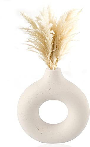 Taekooki Donut Vase Weiß für Pampasgras, Keramik Vase Moderne Deko Kunst Vase Runde Form Vase, Vase Weiss Boho Rund Vase Wohnkultur, für Wohnzimmer Büro Dekoration, S