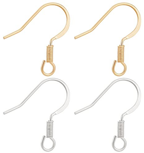 Beebeecraft 100Pcs 2 Colors Fishhook Earring Hooks 24K Gold & Sterling Silver Plated Brass Ear Wires with Earring Making Kit with Transparent Storage Box for DIY Earrings